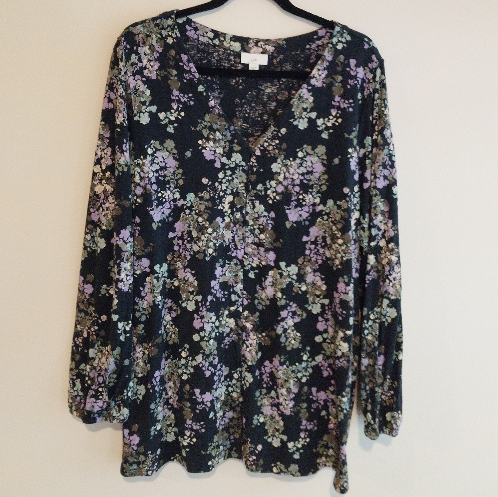 J. Jill Purple Floral Print Cotton Modal Blend Button Down V-Neck Tunic Top